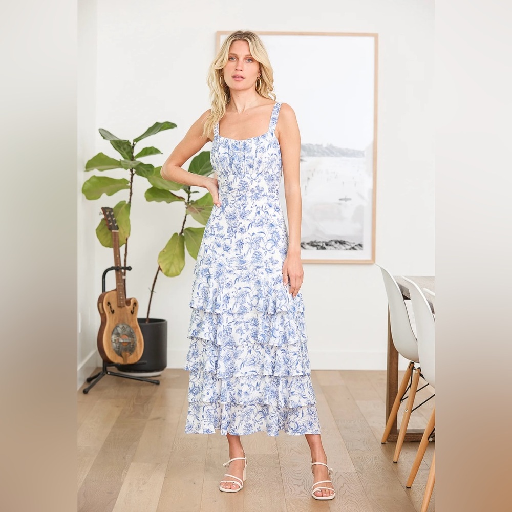 NWT Lulu’s For the Frill of It White Floral Print Ruffled Maxi Dress